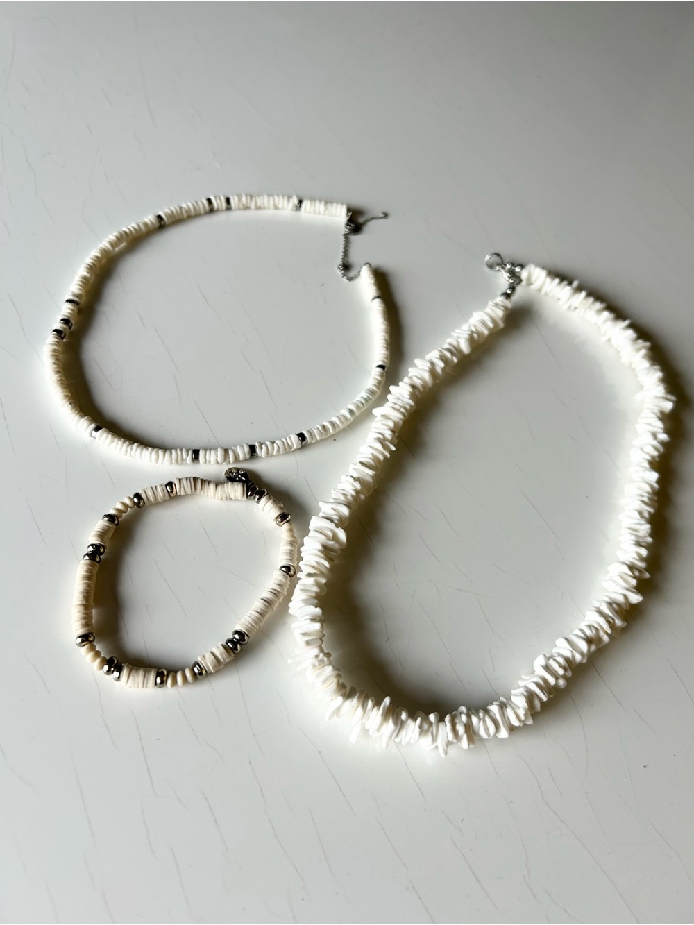 Set of 3 Matching White Bead Necklace and Bracelet Set